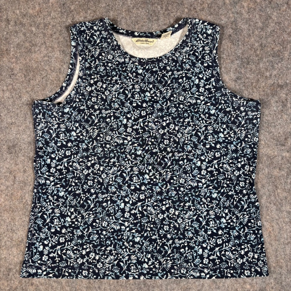 Eddie Bauer‎ Tank Top Womens L Blue Floral Sleeveless Cotton Blend Cottage VTG